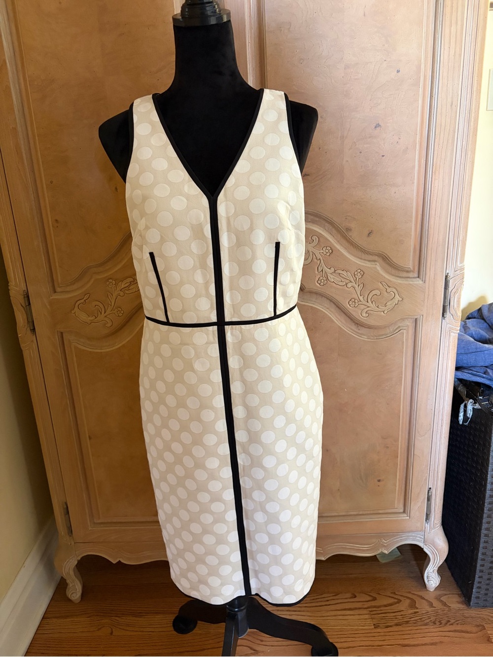 Ann Taylor Cream Polka Dot Sheath Dress with Black Trim